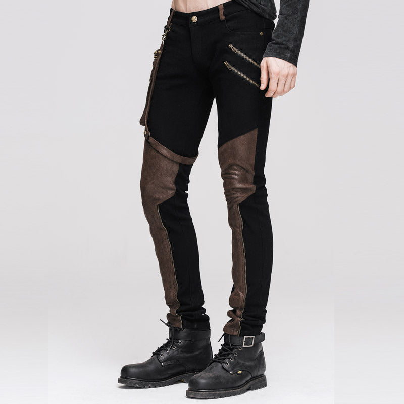 Stitching gear zipper leather pants black
