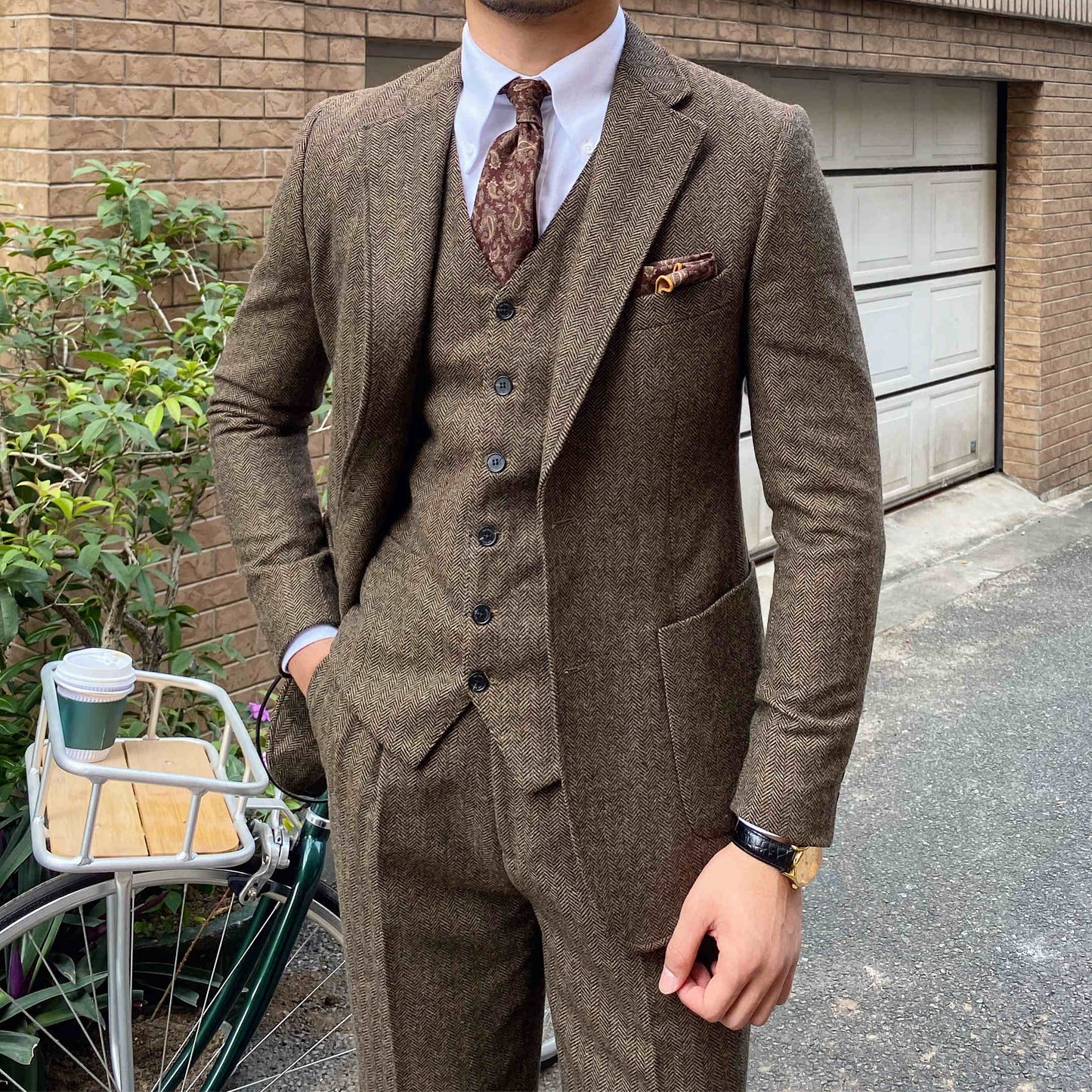 Autumn Winter Retro Herringbone Wool Slim Suits