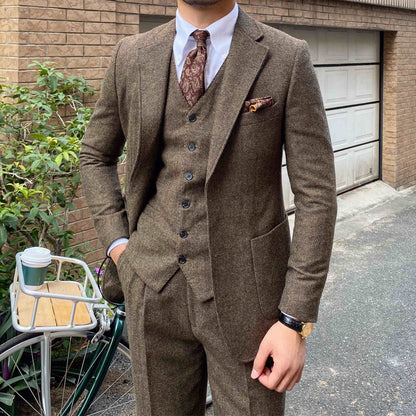 Autumn Winter Retro Herringbone Wool Slim Suits