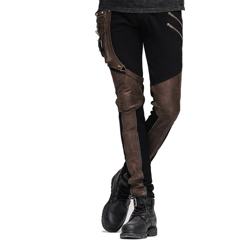 Stitching gear zipper leather pants black