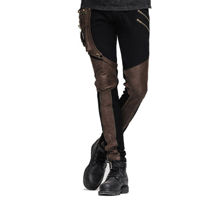 Stitching gear zipper leather pants black