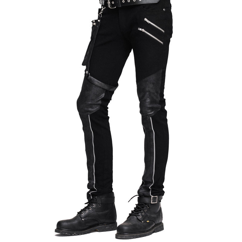 Stitching gear zipper leather pants black