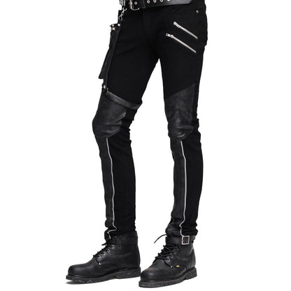 Stitching gear zipper leather pants black