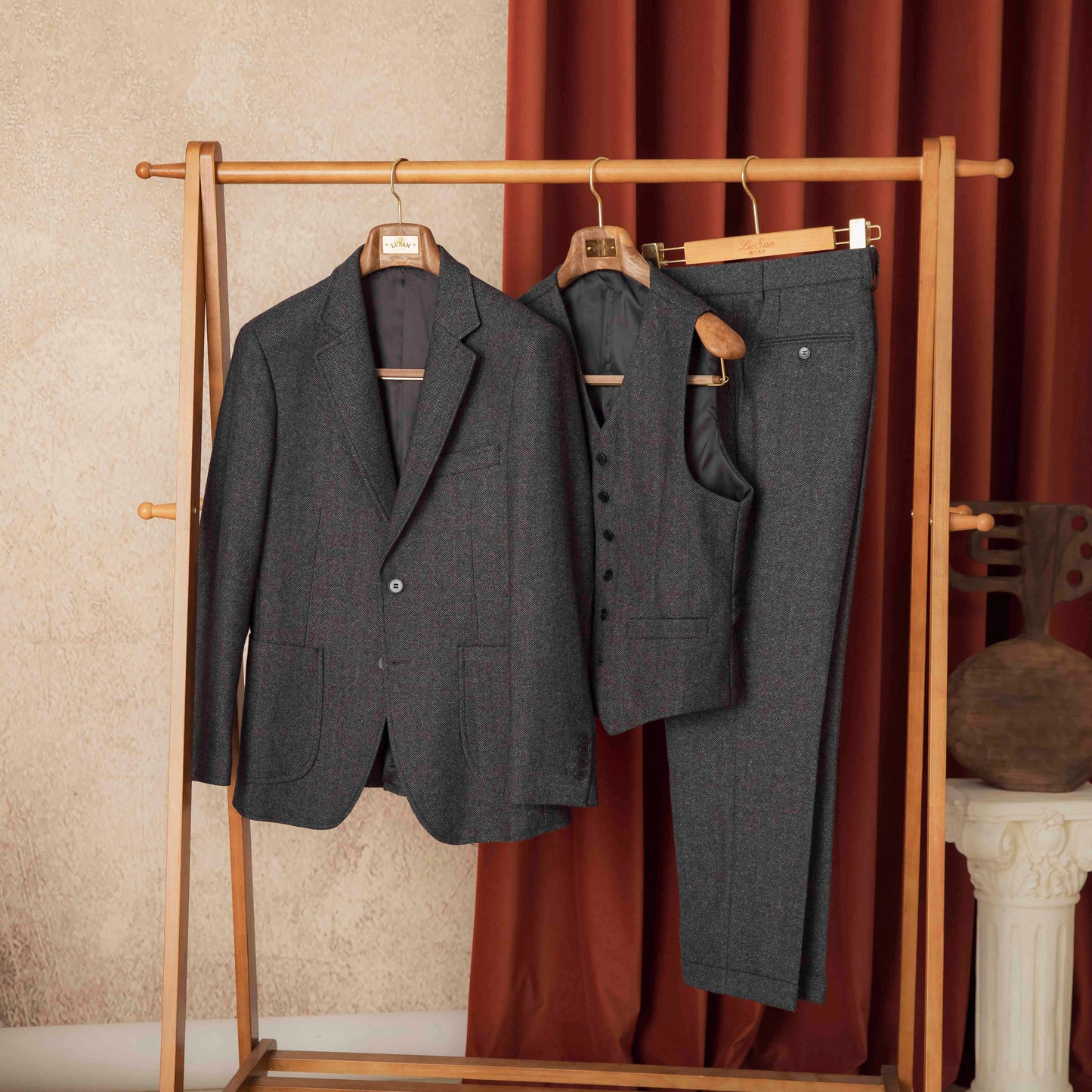Autumn Winter Retro Herringbone Wool Slim Suits