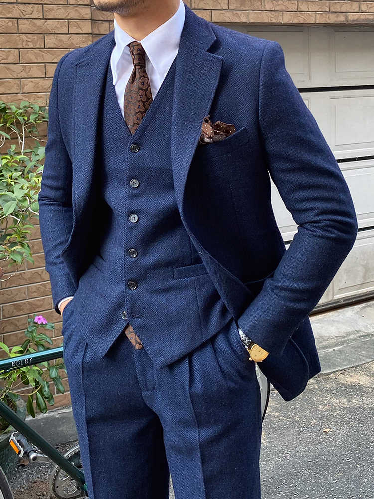 Autumn Winter Retro Herringbone Wool Slim Suits