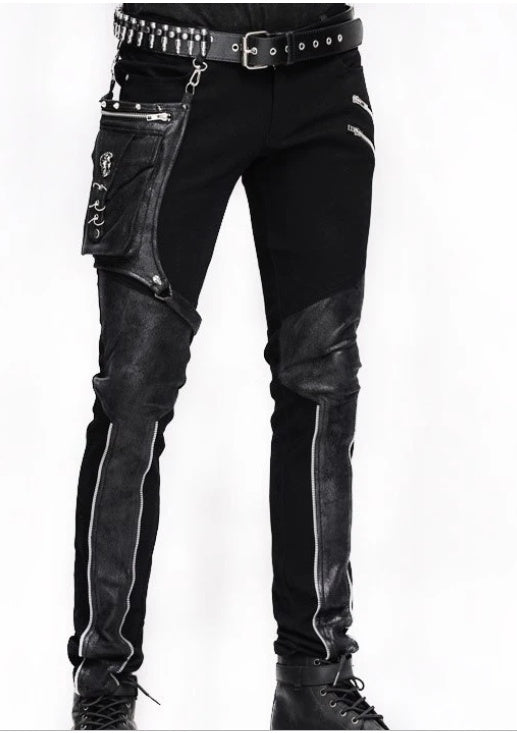 Stitching gear zipper leather pants black