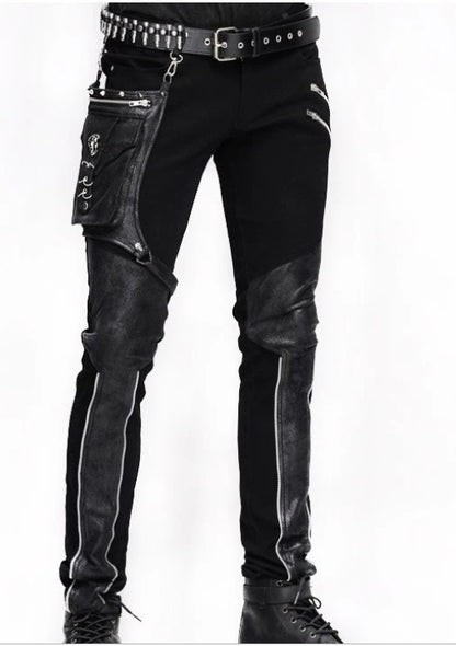 Stitching gear zipper leather pants black