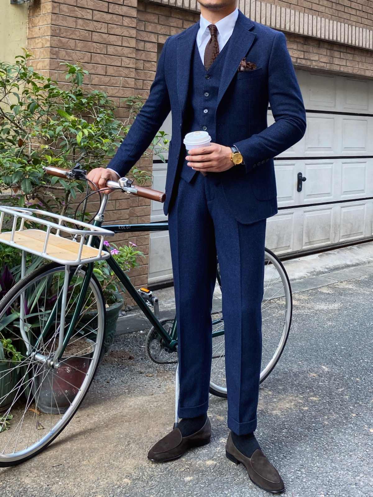 Autumn Winter Retro Herringbone Wool Slim Suits