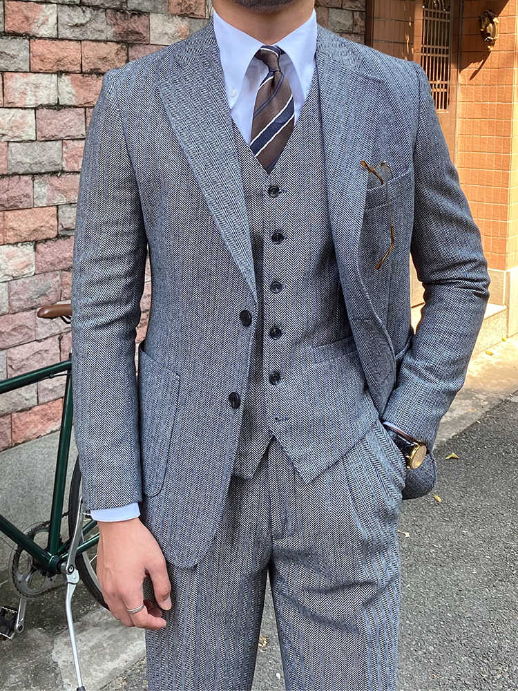 Autumn Winter Retro Herringbone Wool Slim Suits