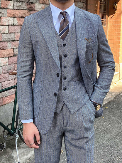 Autumn Winter Retro Herringbone Wool Slim Suits