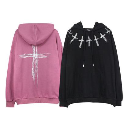Cross Rhinestone Print Hooded Sweater Men