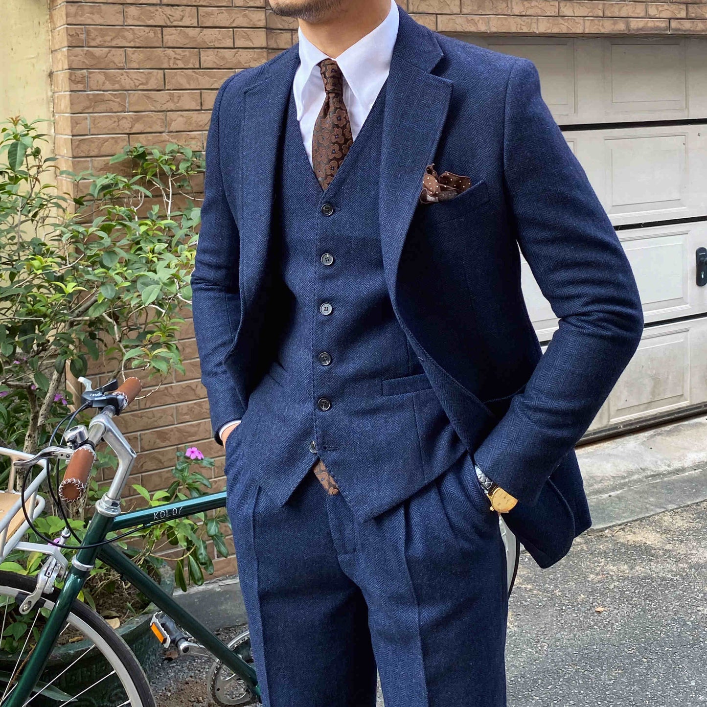 Autumn Winter Retro Herringbone Wool Slim Suits