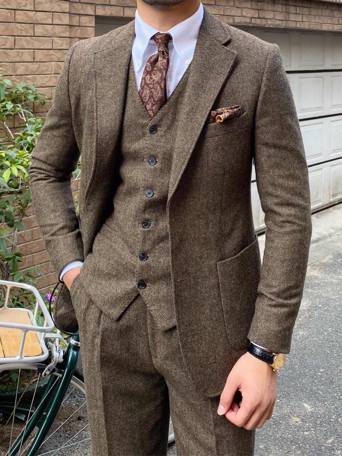 Autumn Winter Retro Herringbone Wool Slim Suits